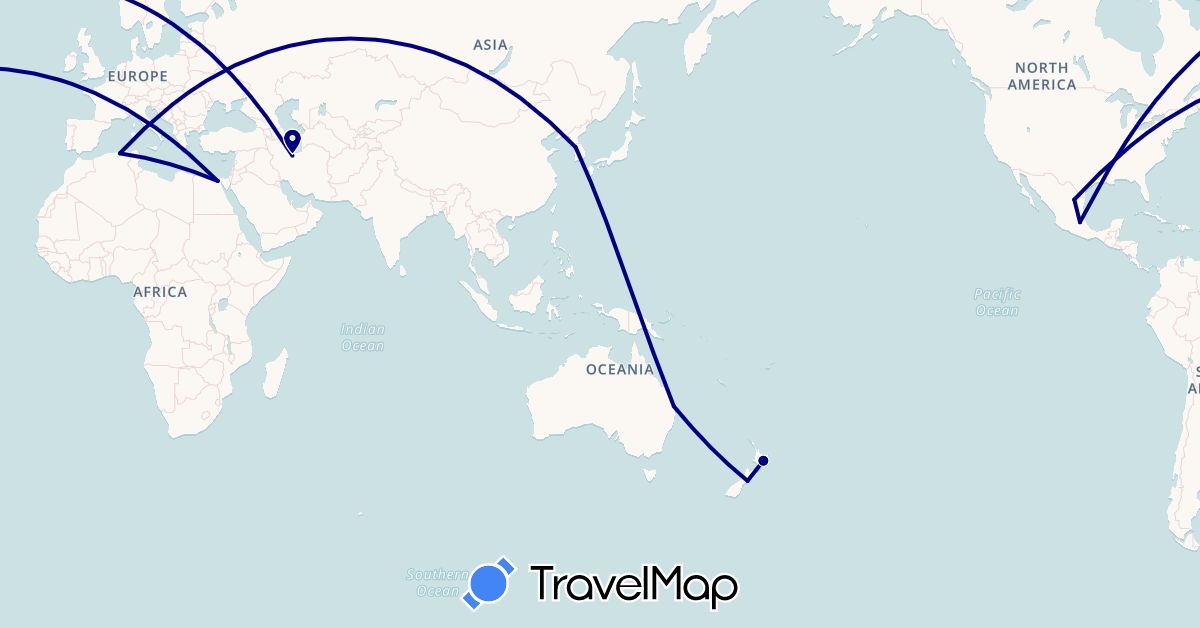 TravelMap itinerary: driving in Australia, Algeria, Egypt, Iran, South Korea, Mexico, New Zealand (Africa, Asia, North America, Oceania)